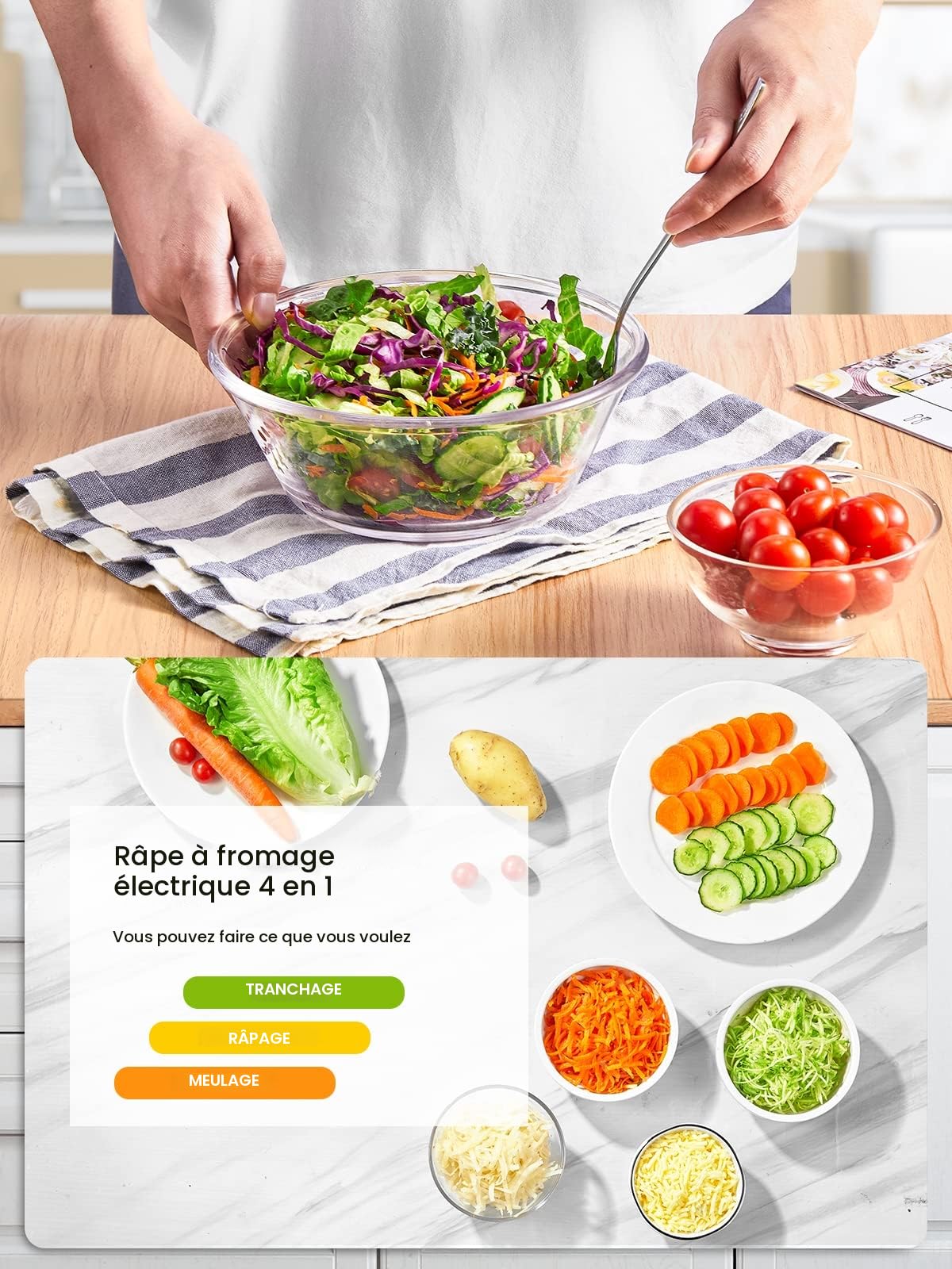 FOHERE 4 en 1 Râpe a Légumes Électrique, Découpe légumes électrique 200W Râpe Carottes Hachoir Électrique pour Fromage, Carottes, Pommes de Terre, Concombres, Argent
