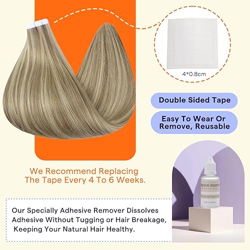 Miniatura 4 de Fshine Extensiones de cabello humano adhesivas de 20 pulgadas, extensiones de cabello Remy de 1.76oz, color 16, reflejos 22, rubio, cinta adhesiva