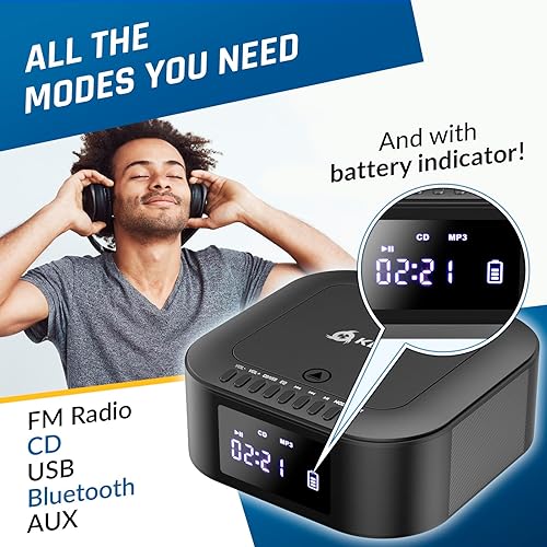 Miniatura 3 de KLIM Boombox E1 - Reproductor de CD portátil con subwoofer - Bajo extra, Bluetooth, radio FM, USB, AUX, MP3 - Batería recargable, modos con cable e