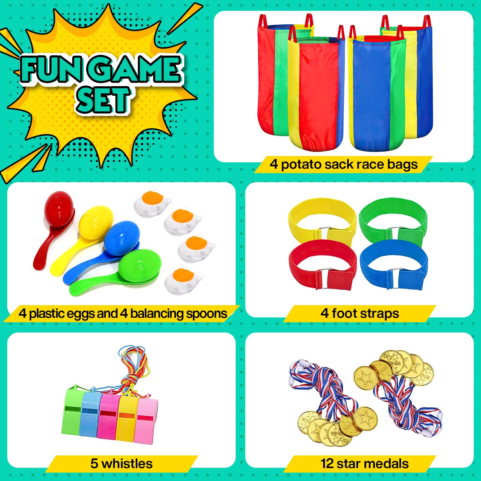 Sports and Outdoors, Sports Day Kit, 4 Potato Sack Race Bags, 4 Pairs of Foot Straps, 12 Medals, 5 Whistles, Perfect for Outside Backyard Field Day Birthday Party Games — view 6
