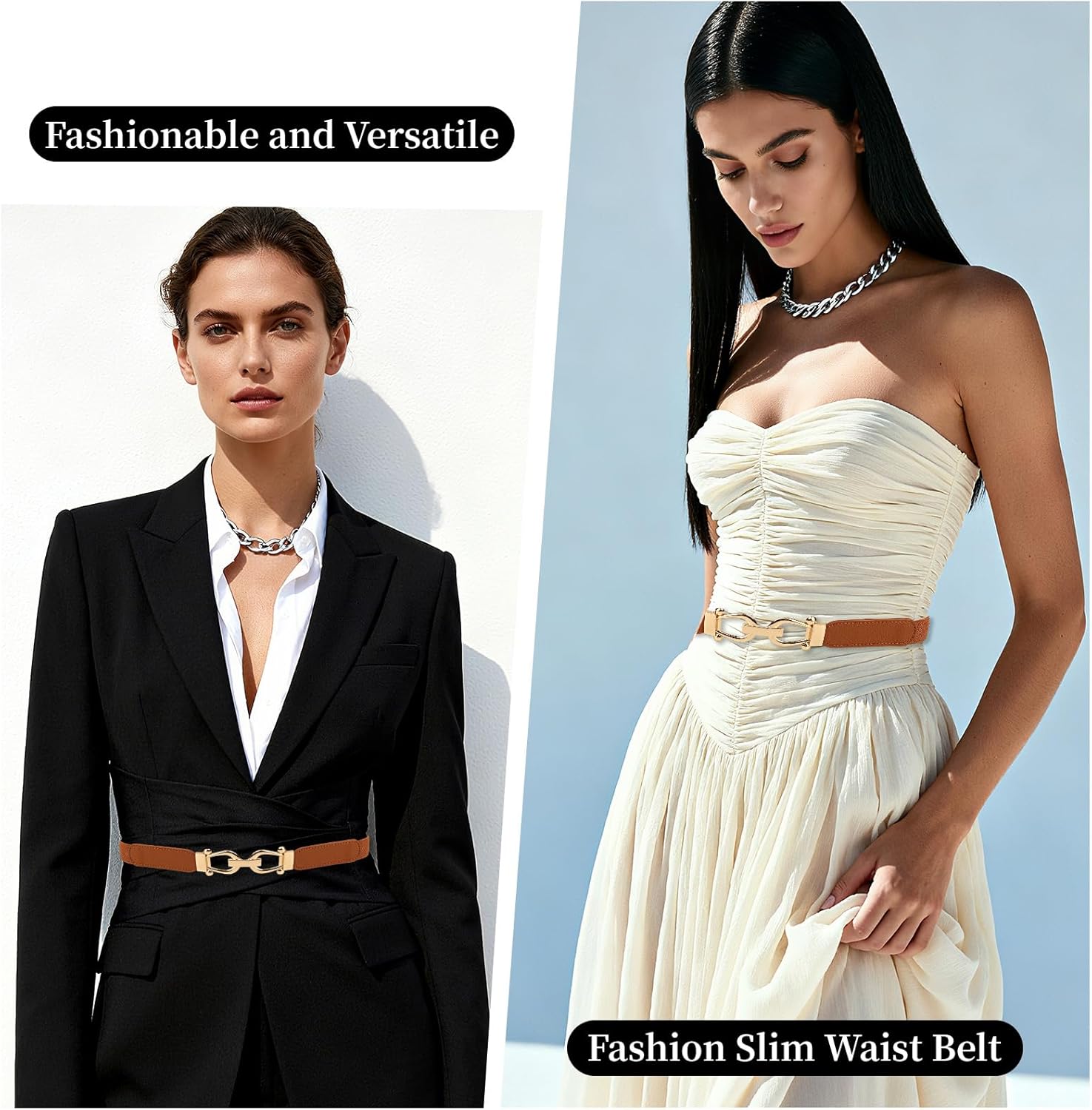 Women Stretchy Thin Waist Belt, Retro Elastic Skinny Belt with Gold Buckle for Ladies, Perfect for Dresses & Shirts, 2 Pack - Image 3