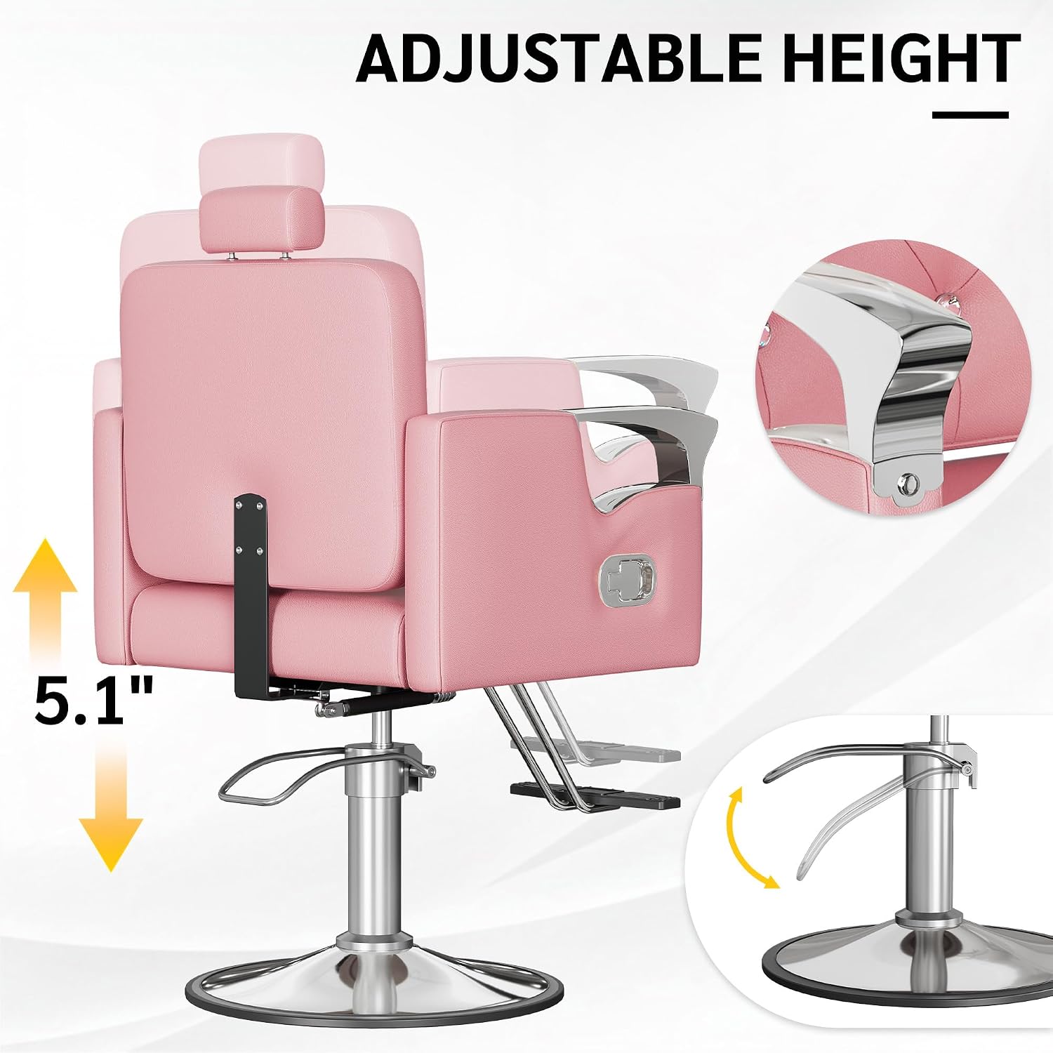 Barber Chair for Hair Stylists, Hydraulic Styling Chair with Heavy Duty Pump, 360° Swivel Barber Chairs with Reclining, Adjustable Headrest, Beauty Salon Equipment, 330 Lbs (Pink-Silver)