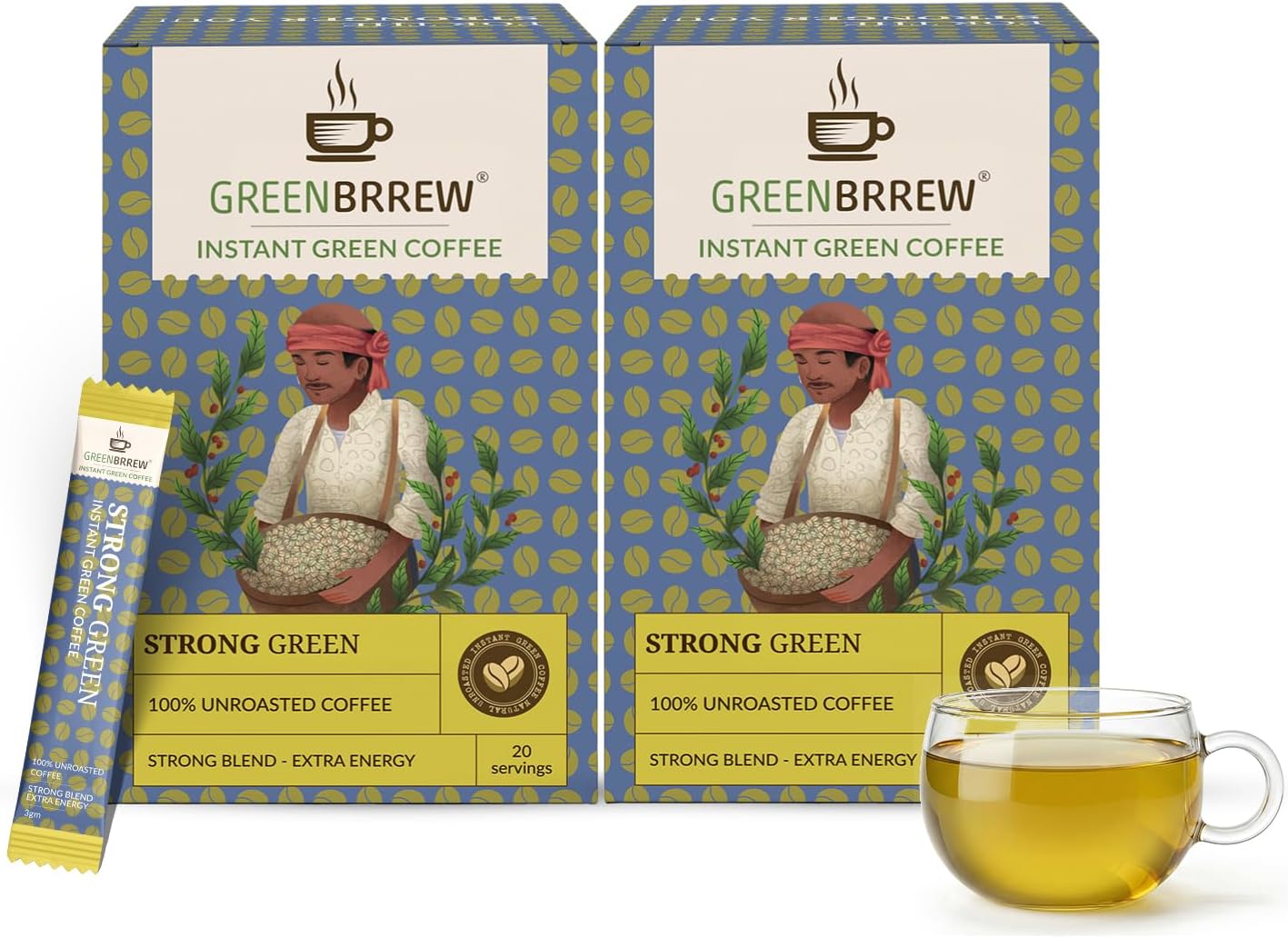 Strong Instant Green Coffee - 40 Easy Mix Sachets, Pack of 2 (120g)