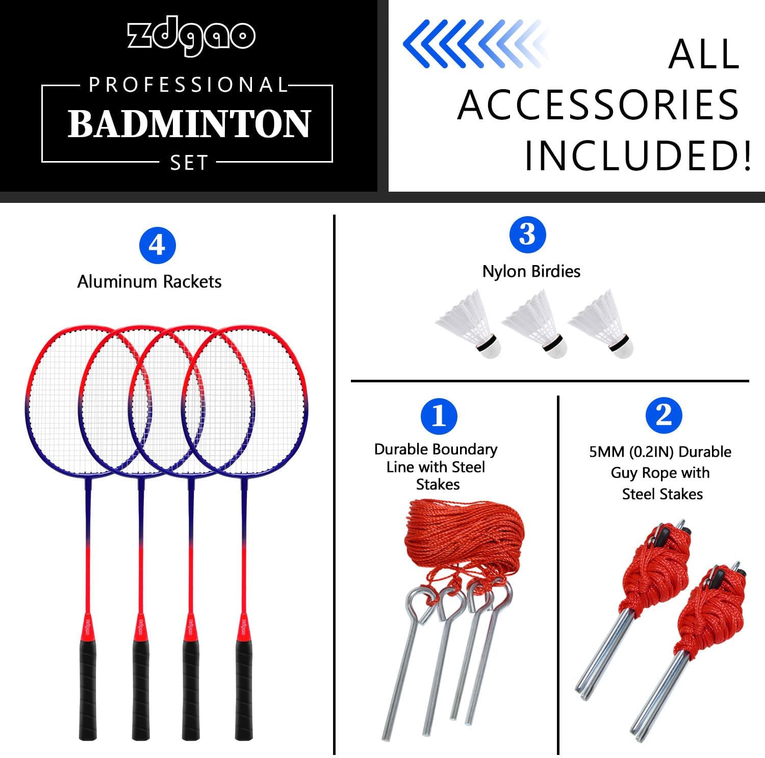 Zdgao Badminton Sets for Backyard, Portable Badminton Net with Tension Adjuster, Badminton Racket Set of 4, 3 Nylon Shuttlecocks, Boundary Line and Carry Bag for Backyard Beach Family Games RED&BLUE