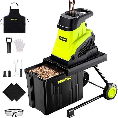 50L Collecting Bin, 15-Amp Wood Chipper Shredder, High Efficiency Electric Mulcher Shredding Machine with 25:1 Reduction Ratio, 1.8In Cutting Diameter, Large Portable Wheels for Yard Waste Cleanup