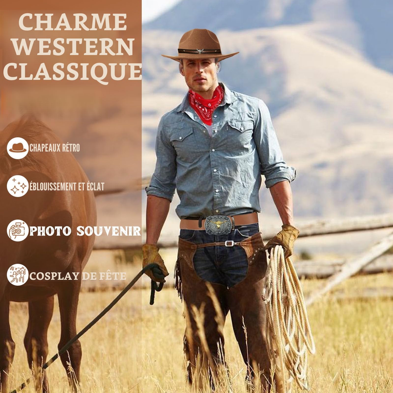 8 Pièces Cowboy Costume Accessoires Set, Marron Cowboy Fancy Dress Kit avec Chapeau Bandana Insigne Ceinture Collier Vintage pour Adulte Hippie Carnaval Cosplay (Marron)
