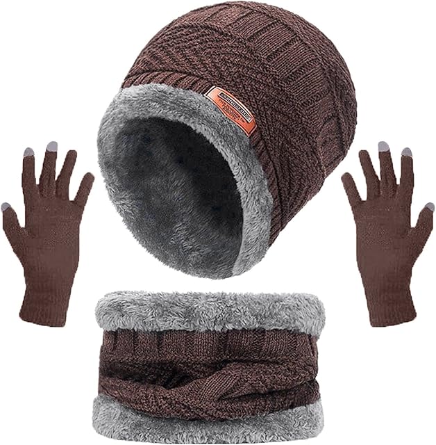 DRESCOKLJ Beanie Hat for Men and Women, Unisex Slouch Beanie, Hat and Scarf Women's Set Men Women Winter Hat Warmer Scarf Touchscreen Gloves Set Warmer Neck Thick Knitted Hat Set