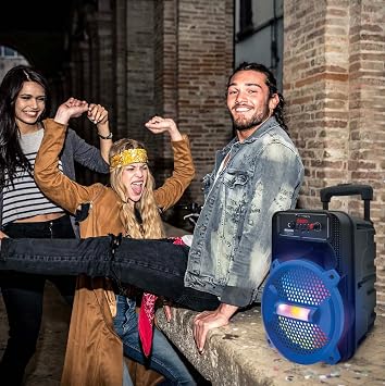 Top Tech Rock-8 Fully Amplified 1500W Portable Bluetooth Speaker, 8-Inch Woofer, LED Lights, 5-Hr Rechargeable Battery, USB, TF Card, FM Radio, AUX Inputs, Wired Microphone for Karaoke, Black