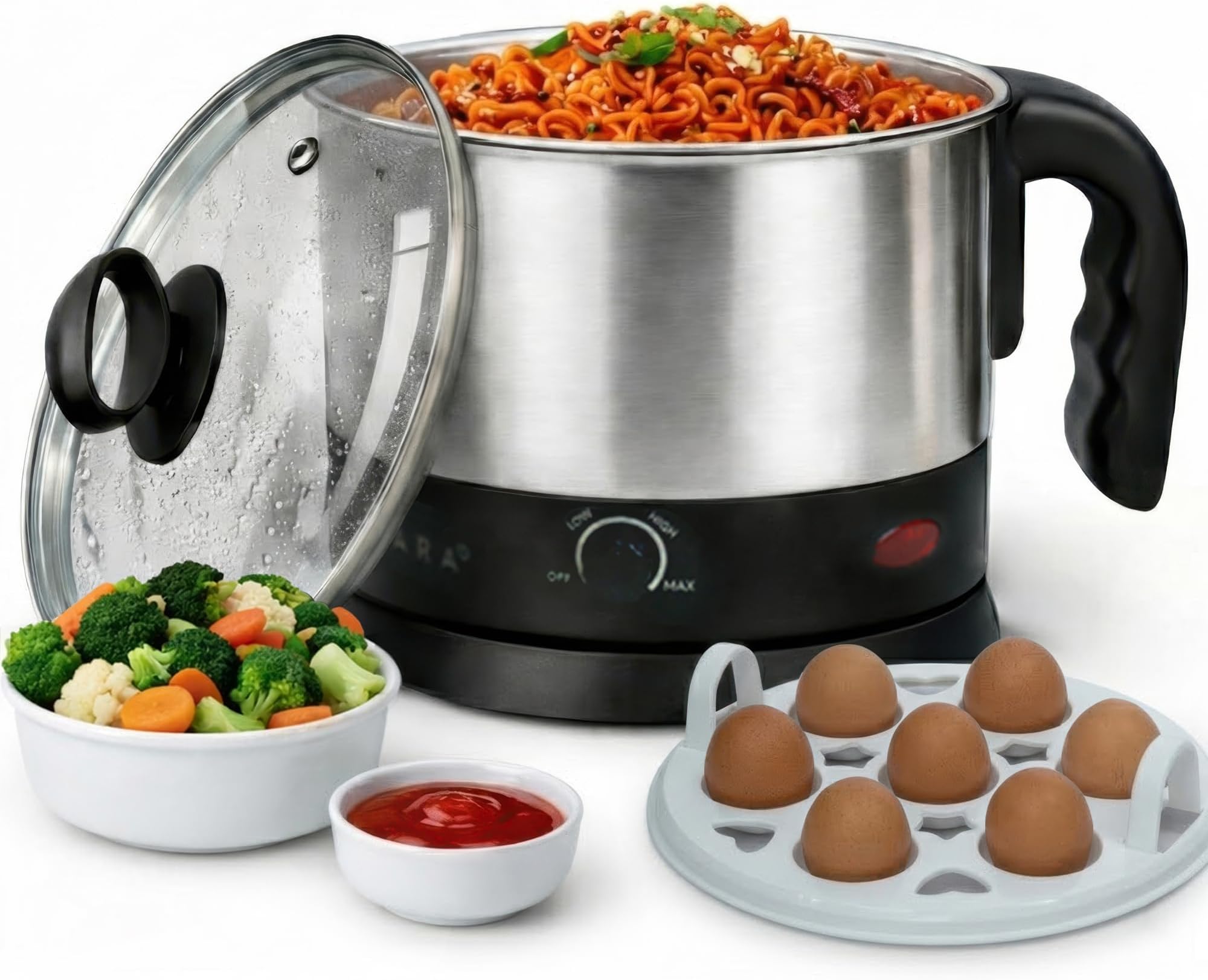 SOLARA Electric Kettle Multipurpose 1.5 Litre, 600 Watts, Stainless Steel Body with Glass Lid, 3 Boiling Modes, for Hot Water, Milk, Tea, Coffee, Cooking Oats, Noodles, Soup, Egg Boiler Machine-Black
