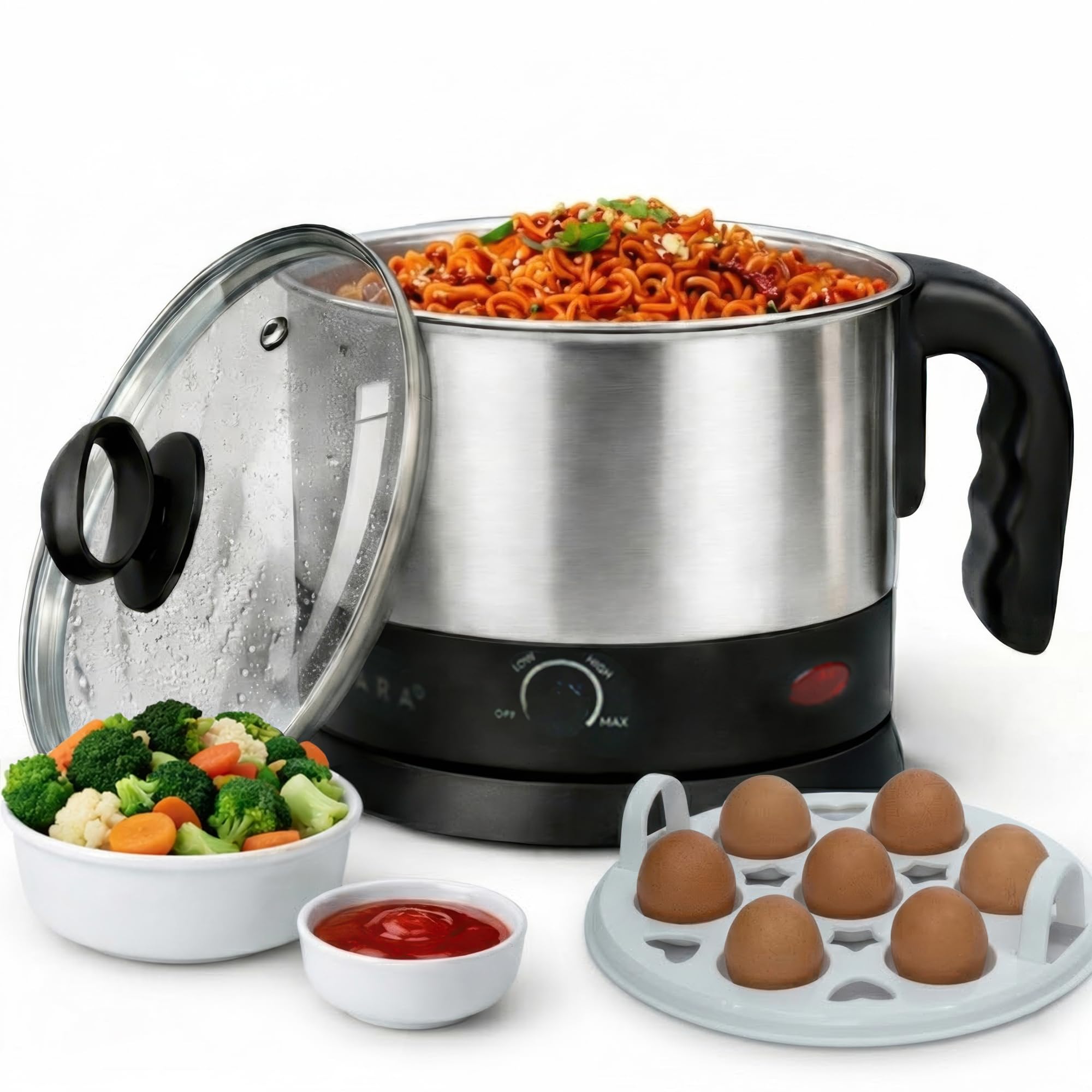 SOLARA Electric Kettle Multipurpose 1.5 Litre, 600 Watts, Stainless Steel Body with Glass Lid, 3 Boiling Modes, for Hot Water, Milk, Tea, Coffee, Cooking Oats, Noodles, Soup, Egg Boiler Machine-Black