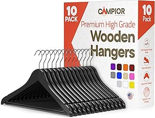 Black Wooden Hangers 10 Pack – Heavy-Duty with 360° Swivel Hook, Non-Slip, Pants Bar & Shoulder Grooves - Wooden Hangers for Suits, Jackets, Dresses & Camisoles, Space-Saving and Smooth Finish