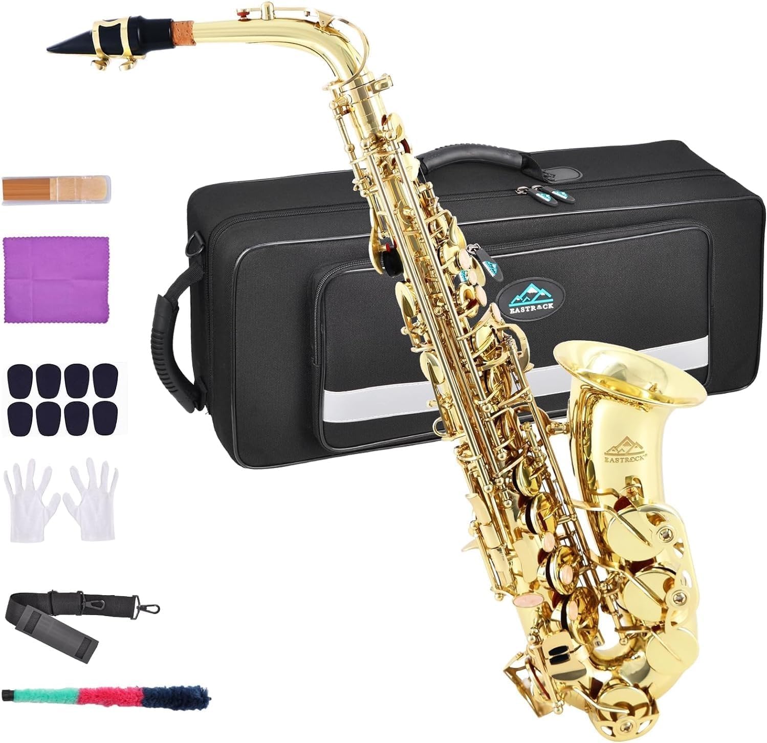 EASTROCK Alto Saxophone Gold E Flat Sax Full Kit for Students Beginner with Carrying Case,Mouthpiece,Mouthpiece Cushion Pads,Cleaning Cloth&Cleaning Rod,White Gloves,Neck Strap