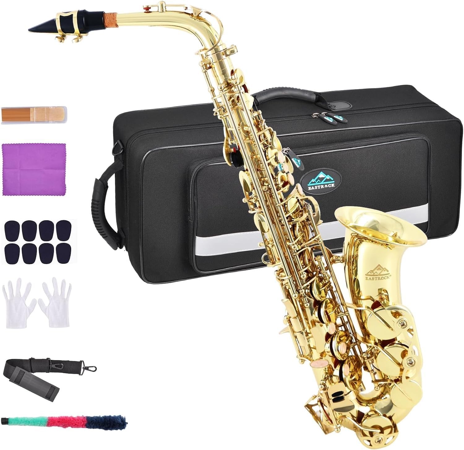 Alto Saxophone Gold E Flat Sax Full Kit for Students Beginner with Carrying Case,Mouthpiece,Mouthpiece Cushion Pads,Cleaning Cloth&Cleaning Rod,White Gloves,Neck Strap