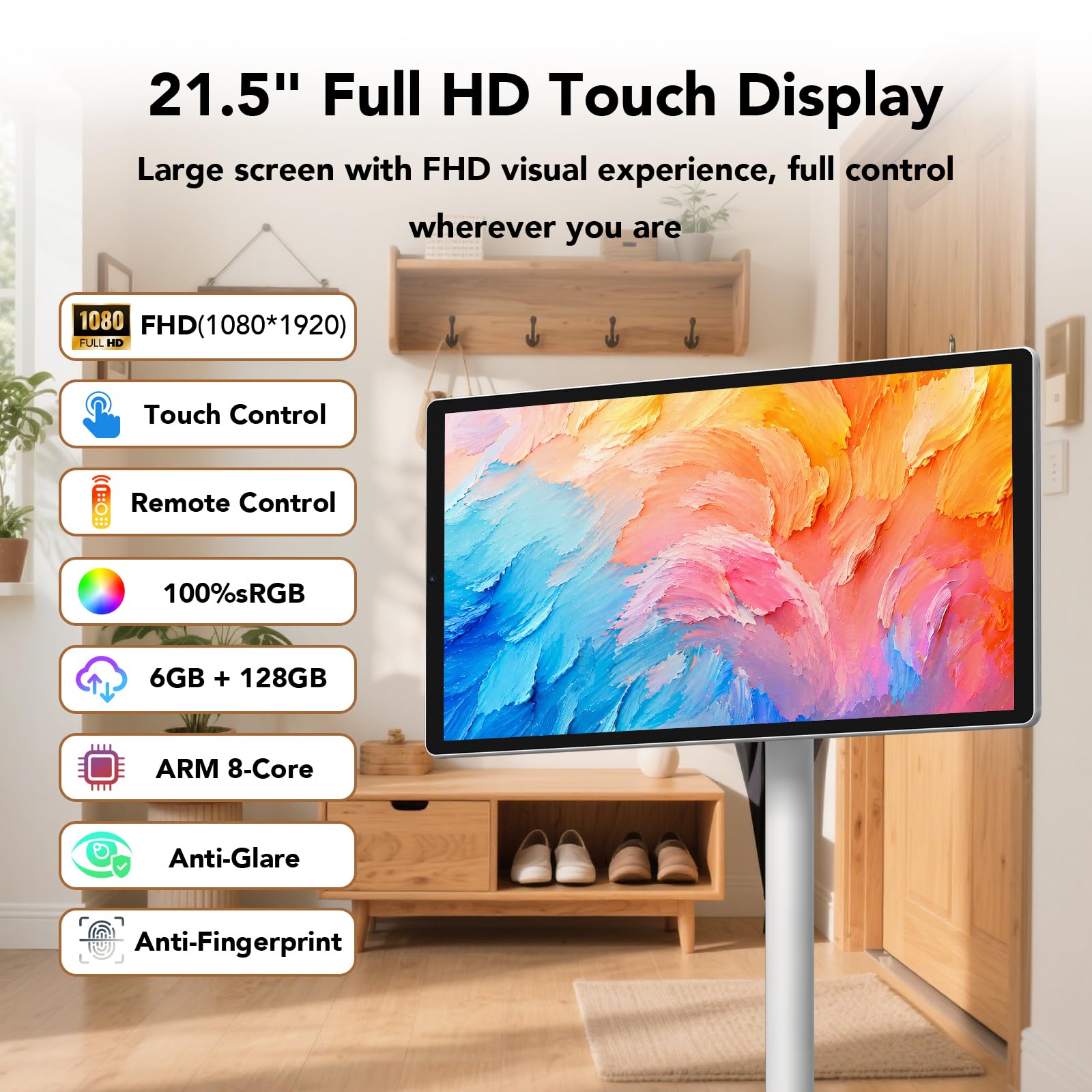 Televisor portátil inteligente FHD de 21.5 pulgadas, TV rodante sobre ruedas, sistema operativo Android 15, almacenamiento 6G + 128GB, monitor de pantalla táctil portátil, cámara de 13 MP, batería