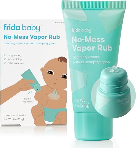 Frida Baby No-Mess Vapor Rub, Baby Vapor Rub for Chest, Neck, Back + Foot,Non-staining, Petroleum-Free Hands-Free Applicator Tube, Soothing Eucalyptus & Lavender for Sleep
