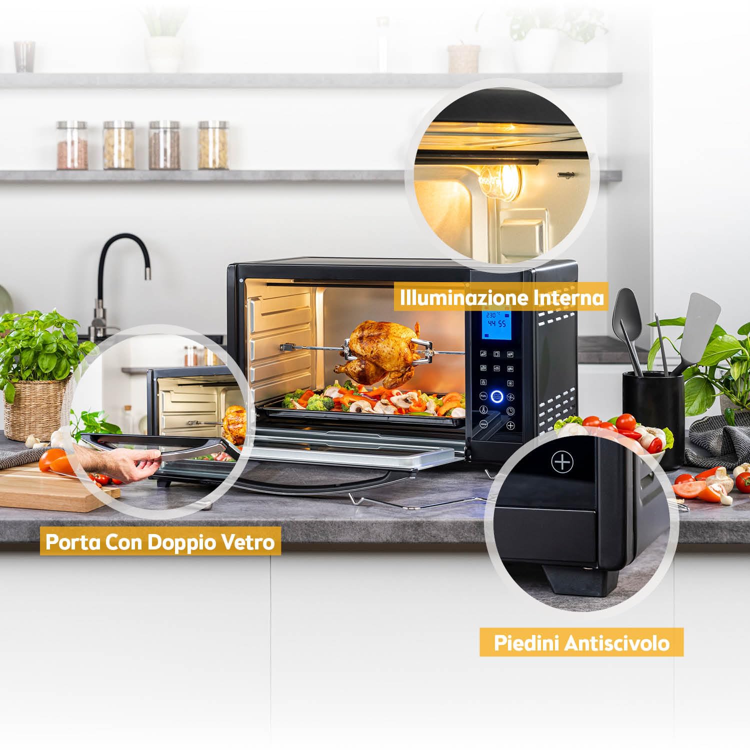 TZS First Austria Mini Forno digitale 30L 1600W Fornetto con regolazione della temperatura fino a 230°C - Con timer di 60 min, 3 altezze di inserimento, teglia e griglia Per cucine piccole e campeggio