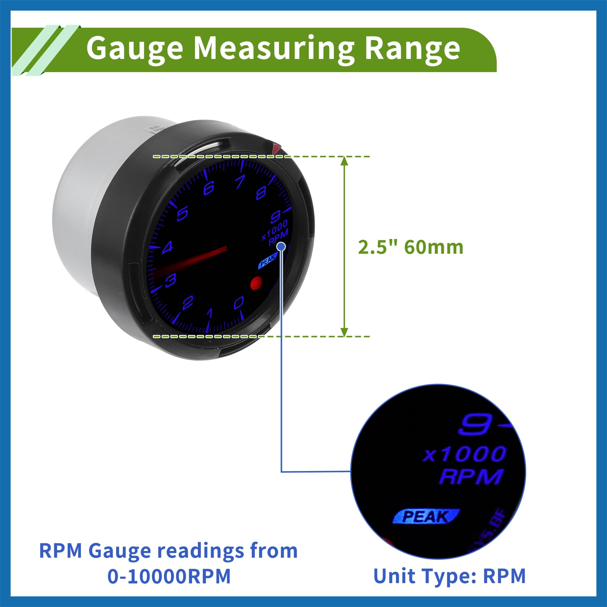 A ABSOPRO 2.5" 60mm Tachometer Gauge Colorful Pointer RPM Tachometer Tach Gauge 0-10000RPM W/Sensor and Bracket Universal Tachometer Car DC 12V Sostituzione dell'articolo
