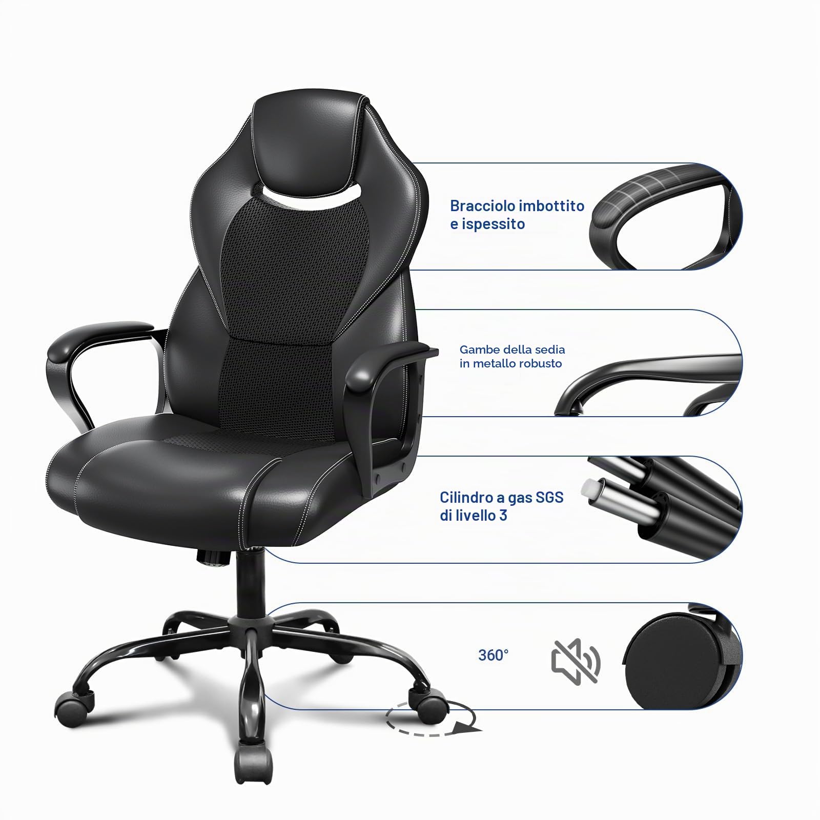 BASETBL Sedia Ufficio Ergonomica Poltrona Ufficio Direzionale in Pelle Altezza Regolabile Sedia Gaming Sedia Scrivania a Rotelle Girevole Reclinabile Schienale Alto Supporto Lombare Nera