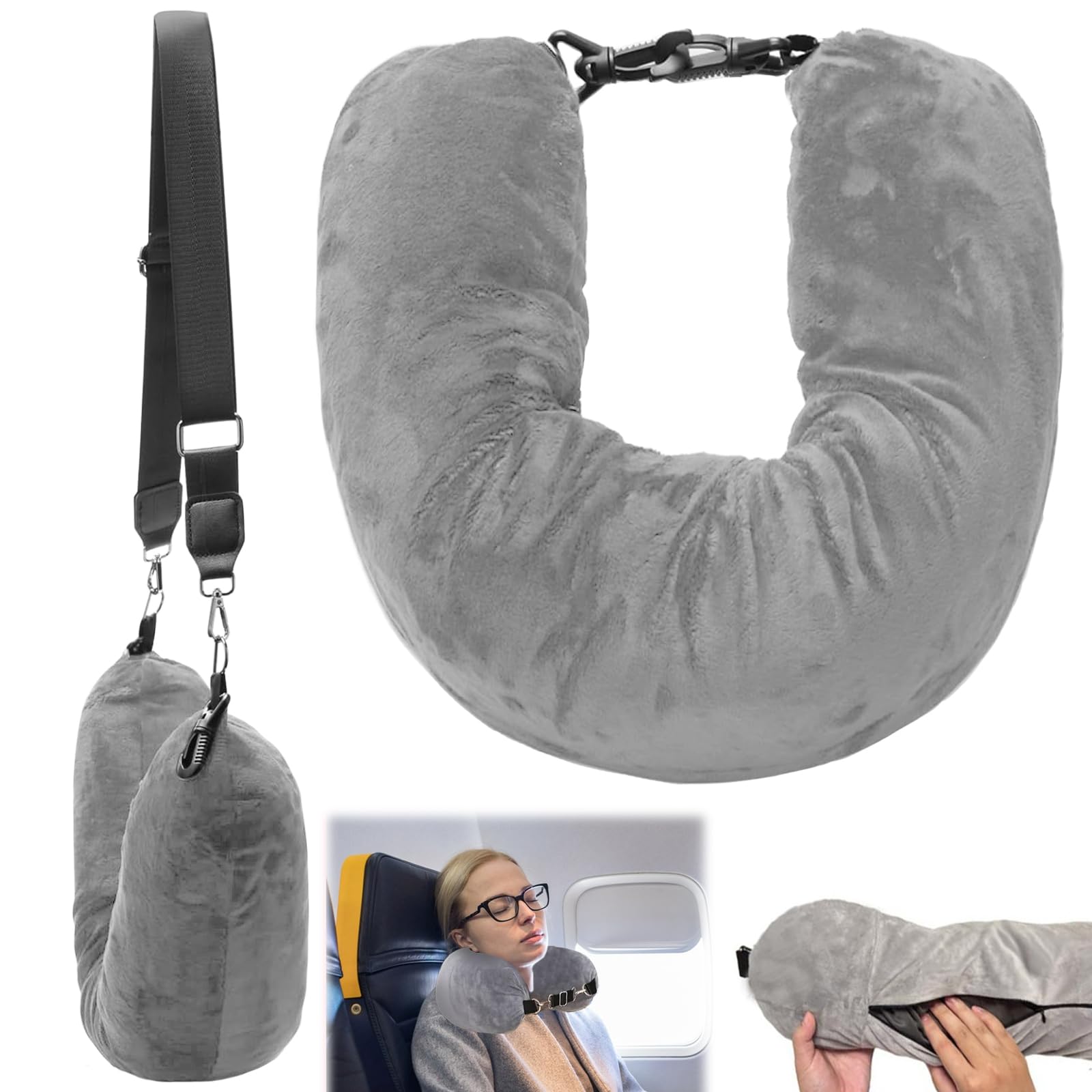 Guegine Grey Stuffable Neck Pillow For Travel,Travel Neck Pillow Storage Bag,Multifunctional Stuffable Travel Pillow With Adjustable Straps,Soft Neck Pillow,Fillable For Extra Luggage,Travel Essentials(Grey)