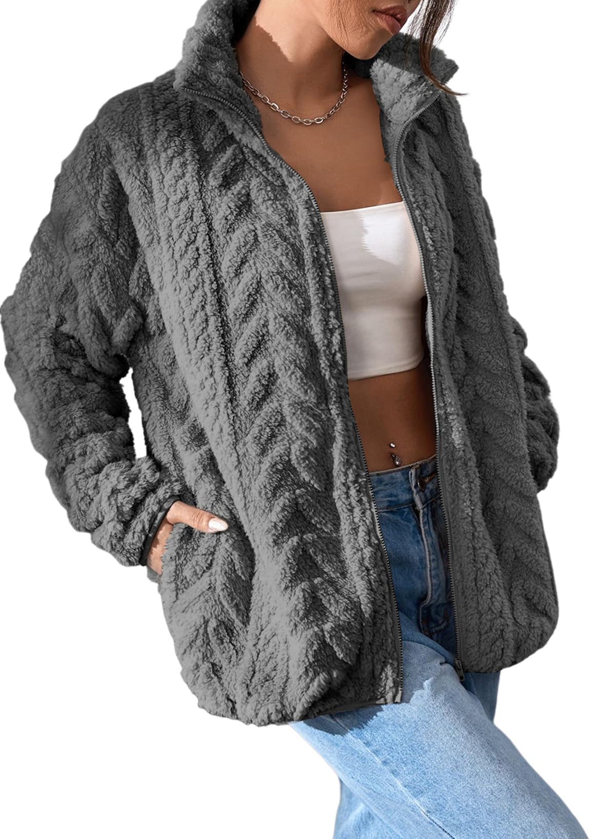 Winter Fleece Jacket for Women 2025 Zipper Stand Collar Casual Coats with Pockets