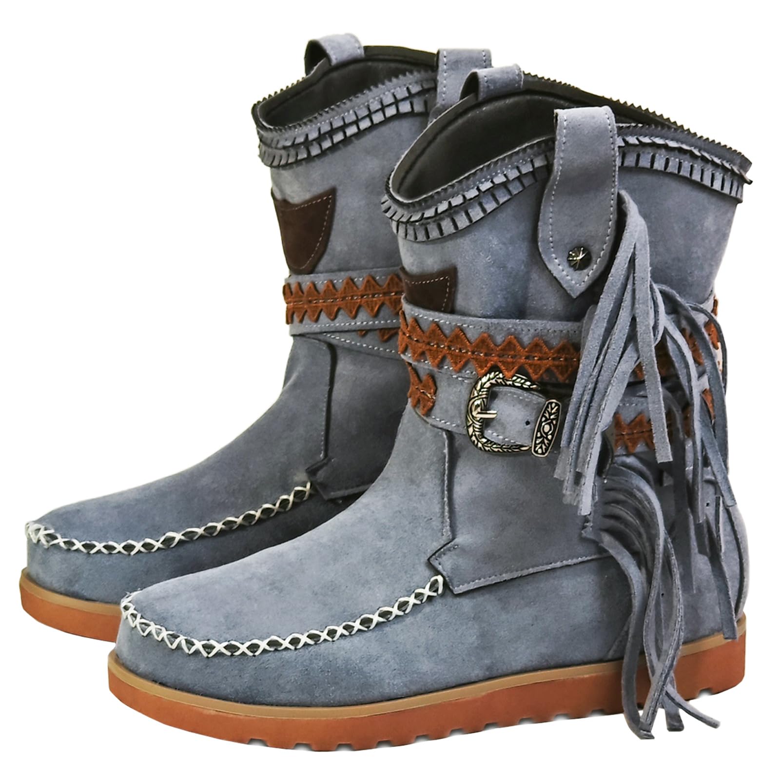 Ulalaza Women's Fringe Cowboy Boots Hidden Wedge Heel Ankle Layer Tassel BOOTS Rhinestones Sparkle Shining Fabric Nubuck Leather Comfortable Pull-On