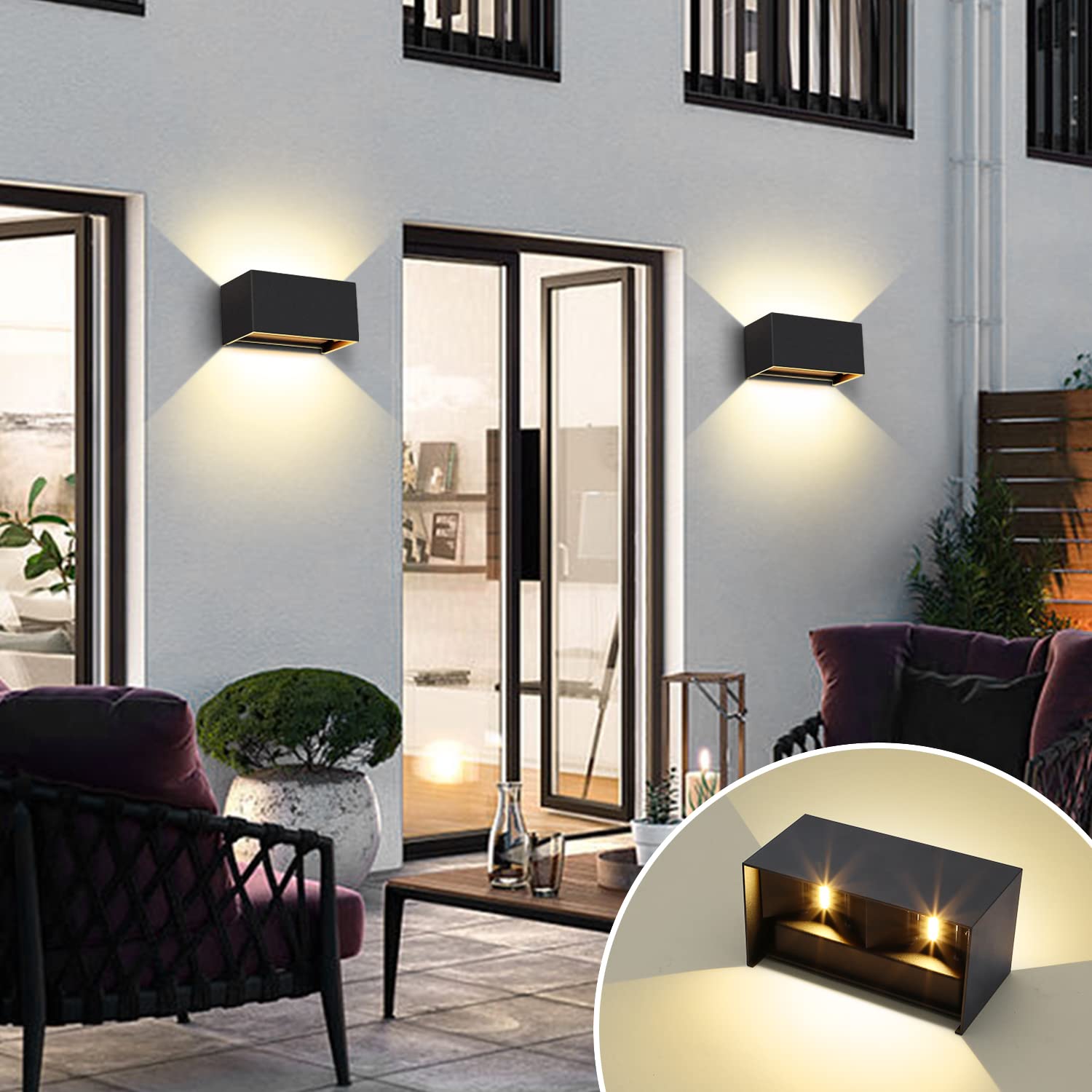 Kingwen LED Außenwandleuchte Schwarz 4er Set,20W 2000lm 3000K,IP65,eckig | Up Down,0-120° Abstrahlwinkel einstellbar;Aluminium für Fassade,Eingang,Terrasse,Flur,Treppe und Innenräume