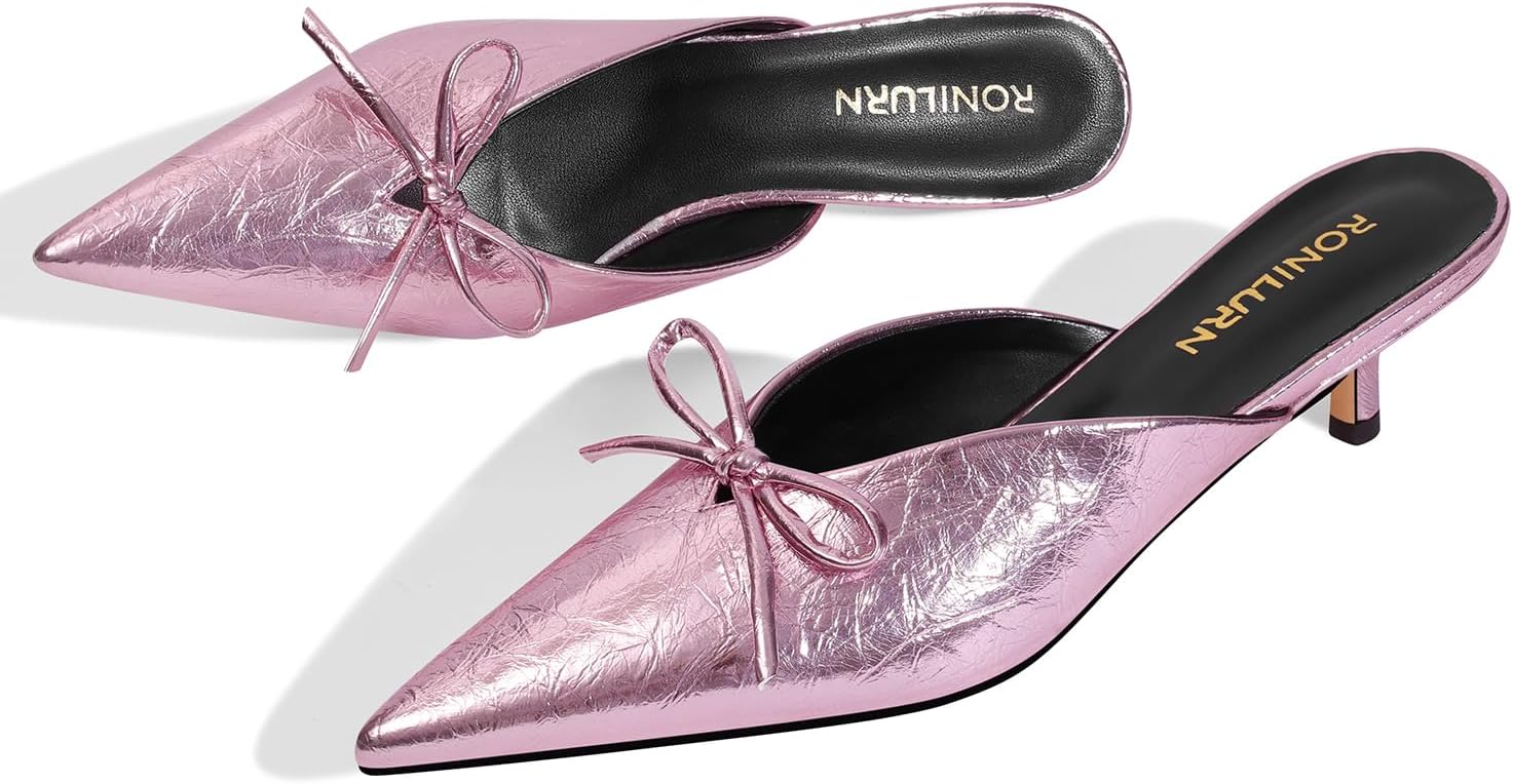 Kitten Heels for Women Heeled Mules Stiletto Pumps Bow Closed Toe Pointed Toe Low Heel Slip on Fashion Metallic Backless Prom Party Dressy - Image 5