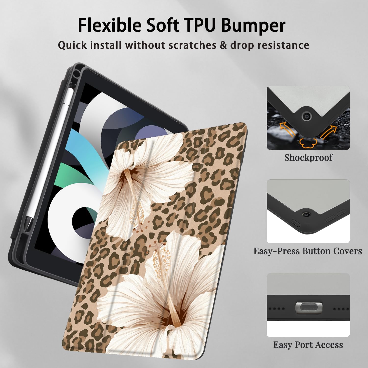 Joyland Brown Leopard Floral for iPad 10th Generation Case 10.9 inch 2022/iPad (A16) 11th Gen 11 Inch 2025,Built-in Pencil Holder with Shockproof Cover Transparent Back Shell Auto Wake/Sleep,Black