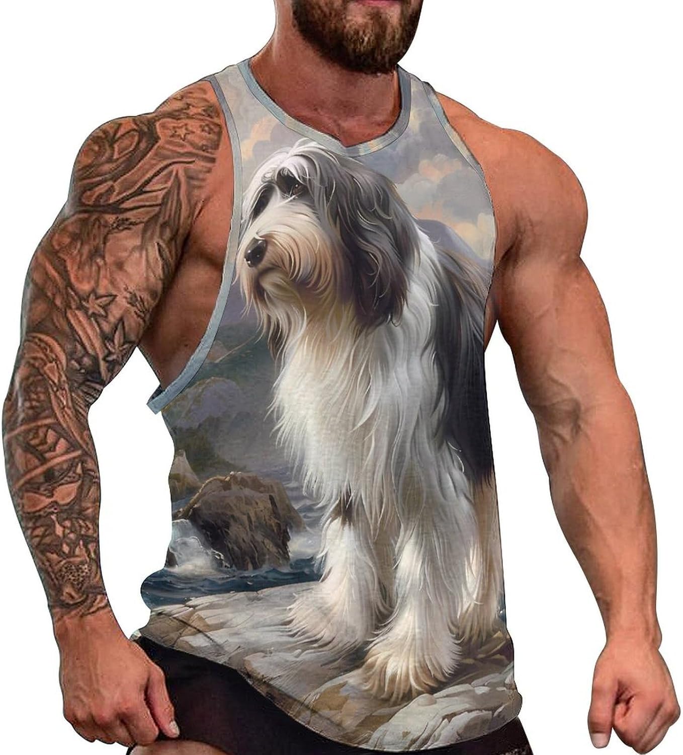 Bearded Collie Men's Tank Tops Sleeveless Muscle Shirts for Men Lightweight Vest Crew Neck T-Shirts