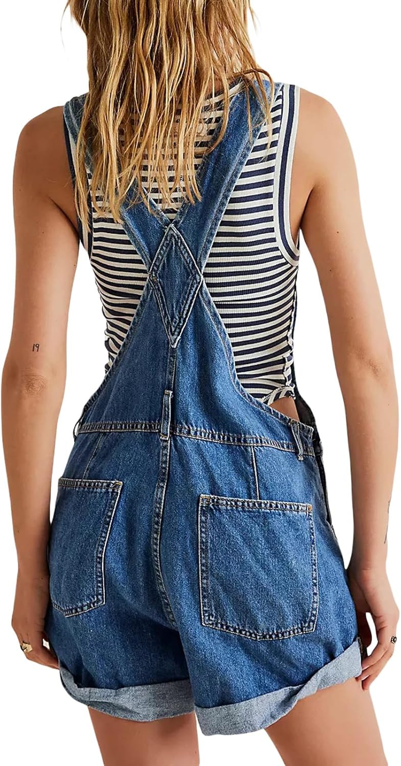 Owl's-Yard Women Denim Bib Overalls shorts Adjustable Straps Rolled Cuff Shortall Rompers Denim Jumpsuit Dungaree - Image 5