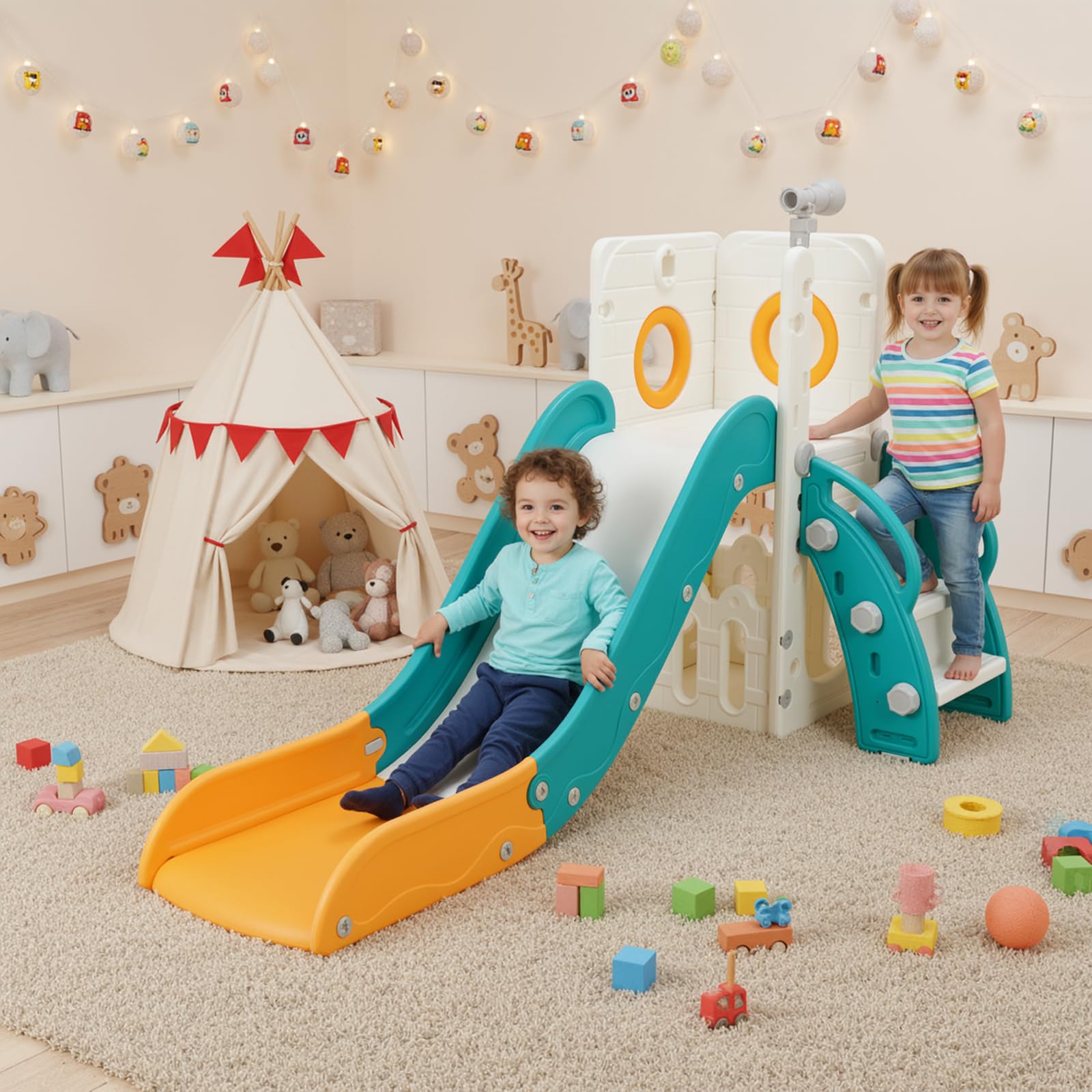 Children's Slide, 4 in 1 Kids Slide, Independent Slides, Indoor and Outdoor Children's Slide, with Long Slide, Climbing, Game Telescope, Storage, Load 60 kg, Yellow Green