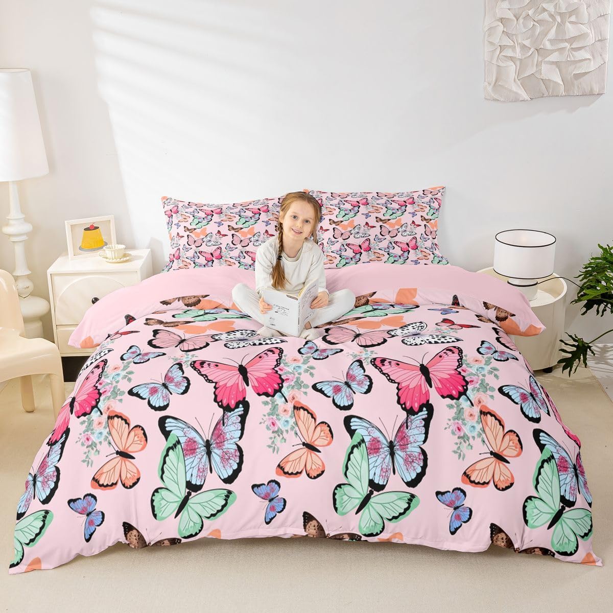 Merry Christmas Theme Bedding Set King Size For Adult Women Girls Cute Cartoon Butterfly Comforter Cover Boys Teens Kids Butterfly Pink Retro Duvet Cover 3 Pieces Soft Microfiber Reversible Bedspread