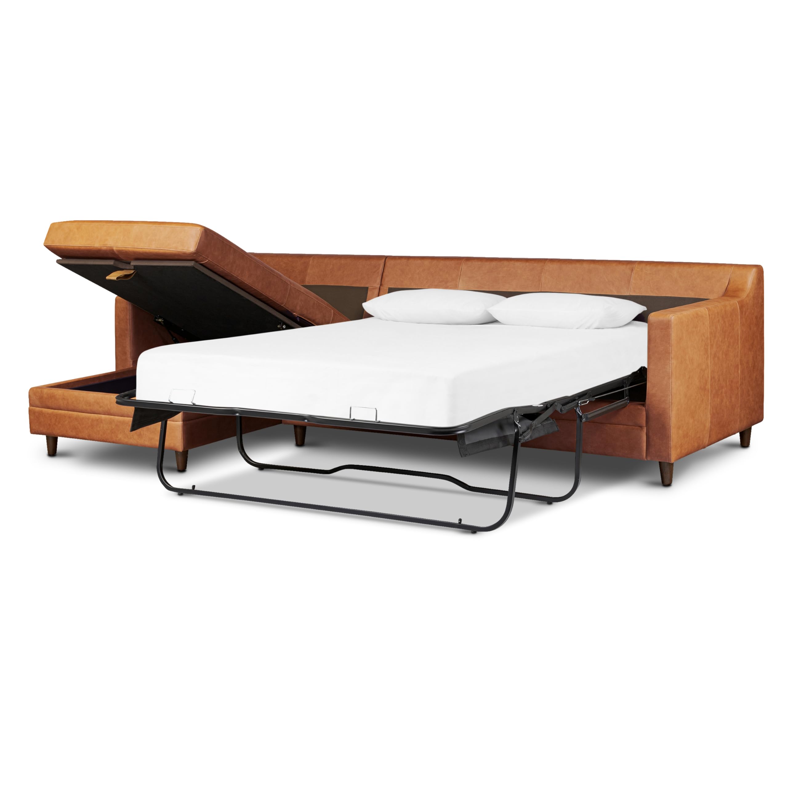 Poly & BARK Harper Left-Facing Leather Sleeper Sectional Sofa Cognac Tan– Full-Grain Aniline Leather, Sculptural Silhouette, Walnut-Finished Legs –
