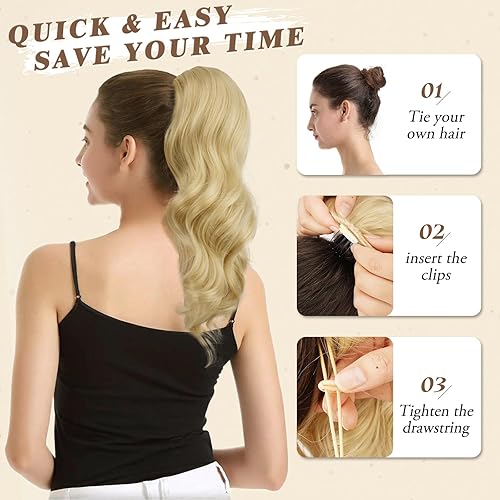 Miniatura 6 de BARSDAR Extensión de cola de caballo rubia, 16 pulgadas, con cordón, extensiones de cabello sintético con clip para mujer, cola de caballo falsa,