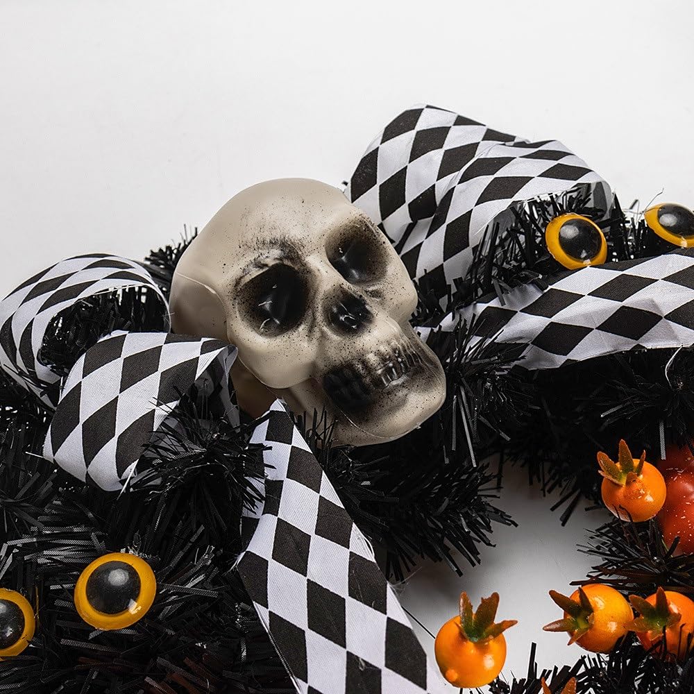 Halloween Wreath With Skull Hands & Maple Leaves – 43x43x5cm Black Orange Wreath, Front Door Decor, Skeleton Ornament