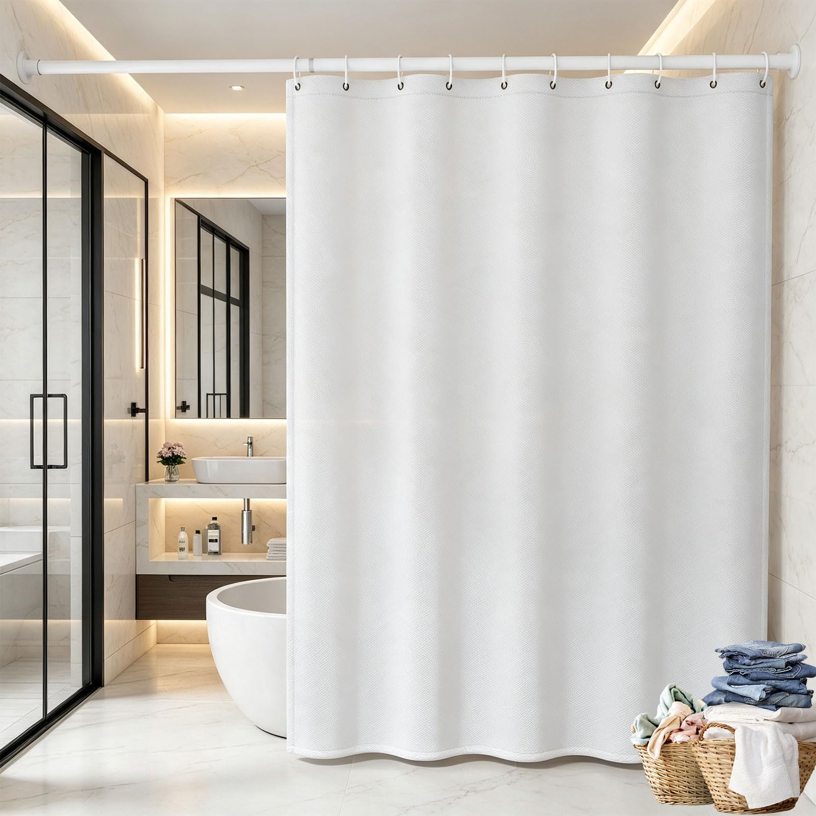 Liunadm White Shower Curtain 115 X 180 Cm Mould Proof Mildew Resistant, Waterproof Bathroom Curtain With Hooks, Weighted Hem For Bathroom,