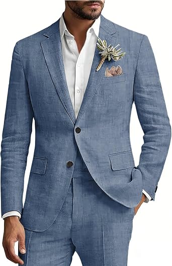 بدلة كتان رجالية من HUUTOE مكونة من قطعتين بقصّة Slim Fit، وبدلات العريس لحفلات الزفاف على الشاطئ، وسترة كتان وبنطلون طقم سهرة