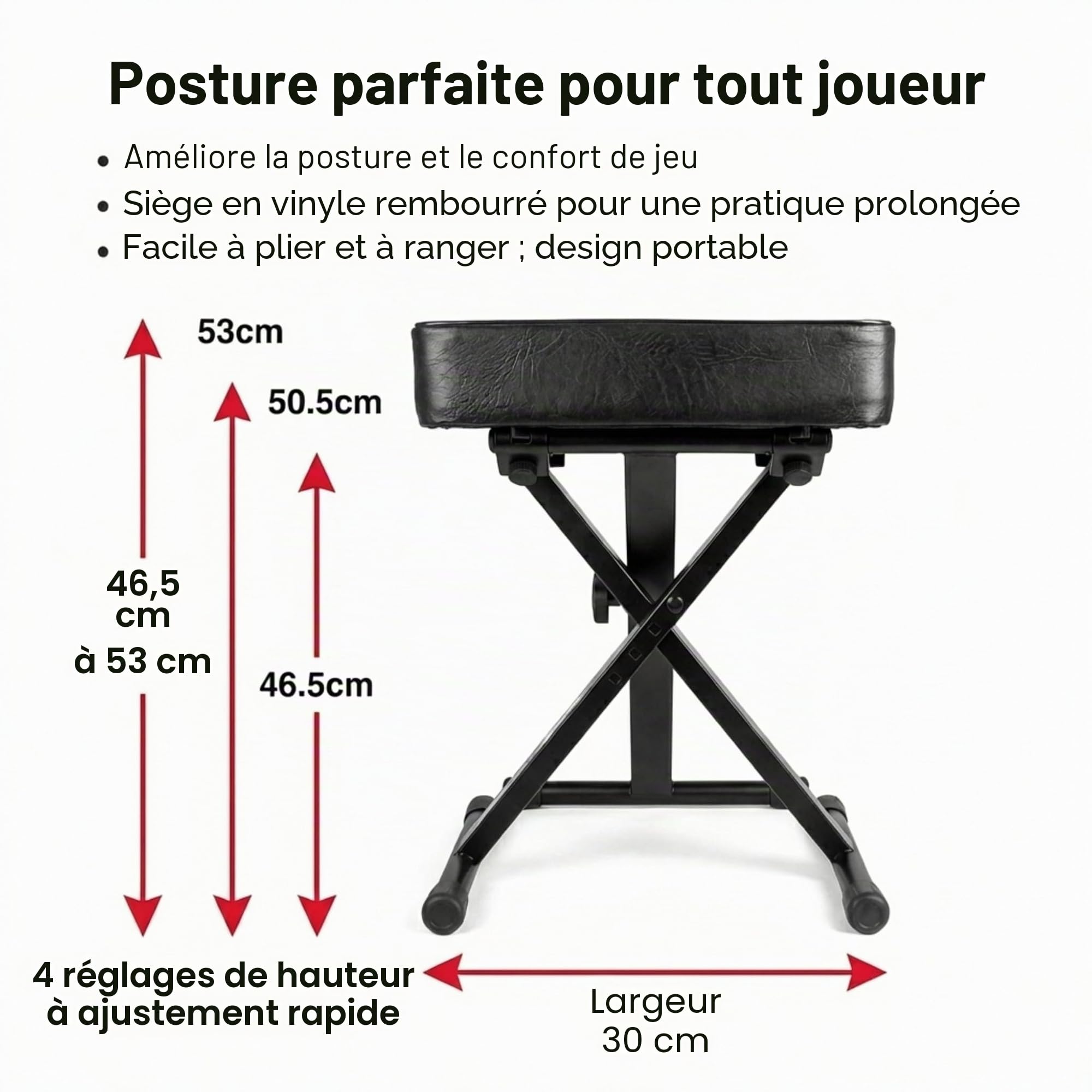 RockJam Banc de Piano Réglable/Tabouret de Clavier, Siège Épais Rembourré, Cadre X Pliant, 4 Hauteurs, Acier Robuste