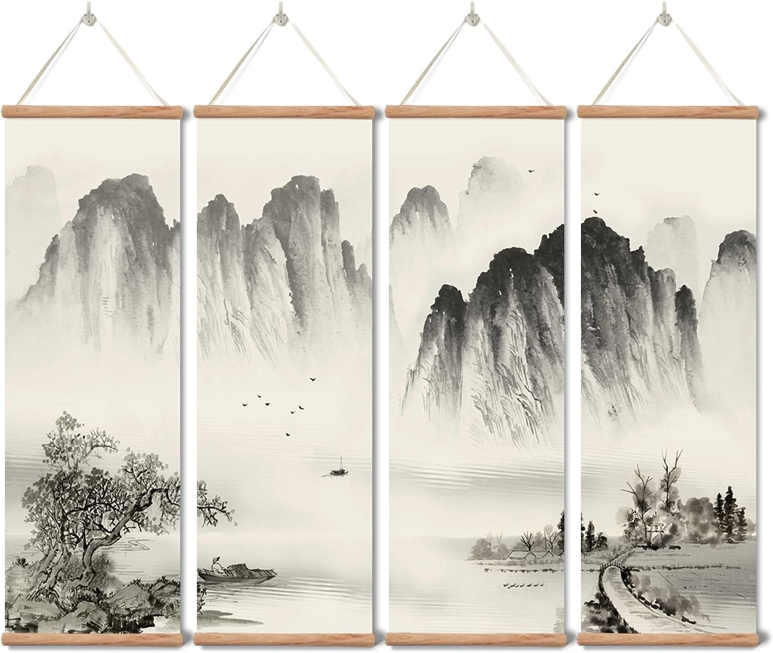 zhugege Landscape Painting ,Wall Art Black and White for Living Room Bedroom,Chinese traditional Ink Decor,Posters and Prints,4 Piece Set Fixed Wooden Hanging Scroll (12”x36”x4piece)