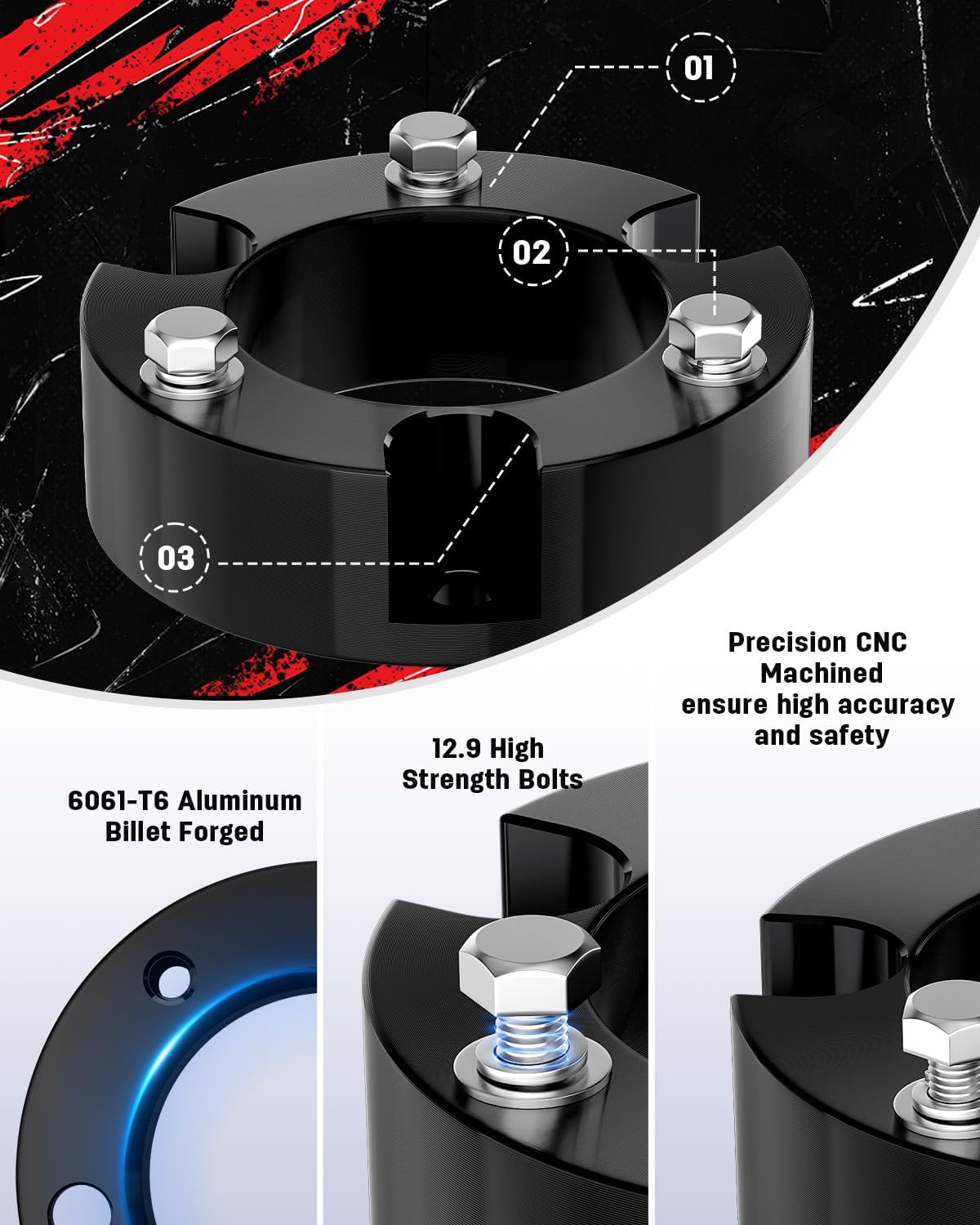 Richeer 3" Front and 2" Rear Leveling Lift Kit for 1999-2006 Tundra, 3" Front Strut Spacers and 2" Rear Black Leveling Lift Block Kit Extended Square U-Bolts, 3"+2" Height for 1999-2006 Tundra