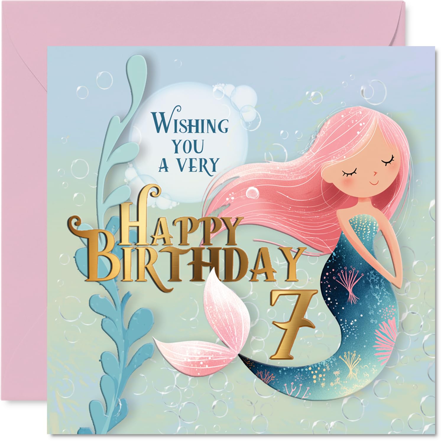 Cute 7th Birthday Card - Make a Splash at Seven - Whimsical Mermaid in Pastel Pink and Blue - Magical Birthday Fun for Little Dreamers - 145mm Square, Envelope Included