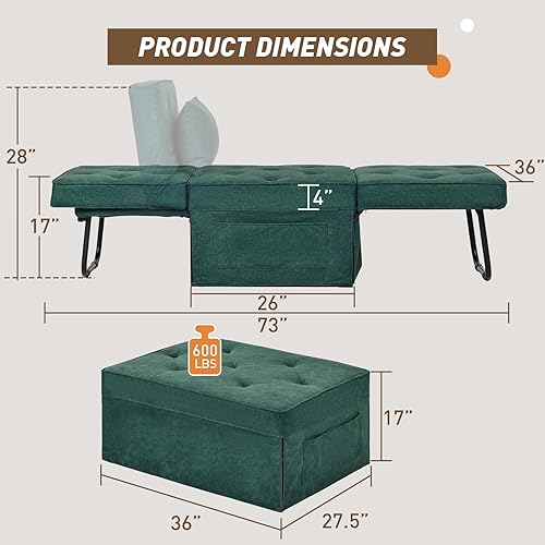Miniatura 5 de Sofá cama convertible, cama otomana plegable multifunción 4 en 1 con respaldo ajustable, moderna silla extraíble para sala de estar, apartamento,