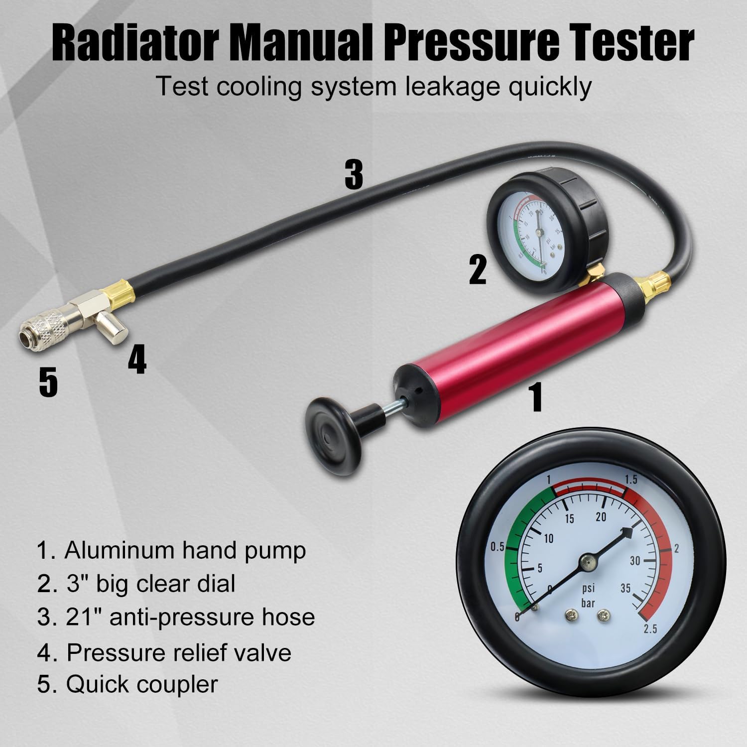 Coolant Pressure Tester Kit, Manual Pump Radiator Pressure Tester and Adapters Work on Cooling System Leak Down Test for Cars Motorcycles Trucks Airlifts, 14PCS Automotive Tools Black