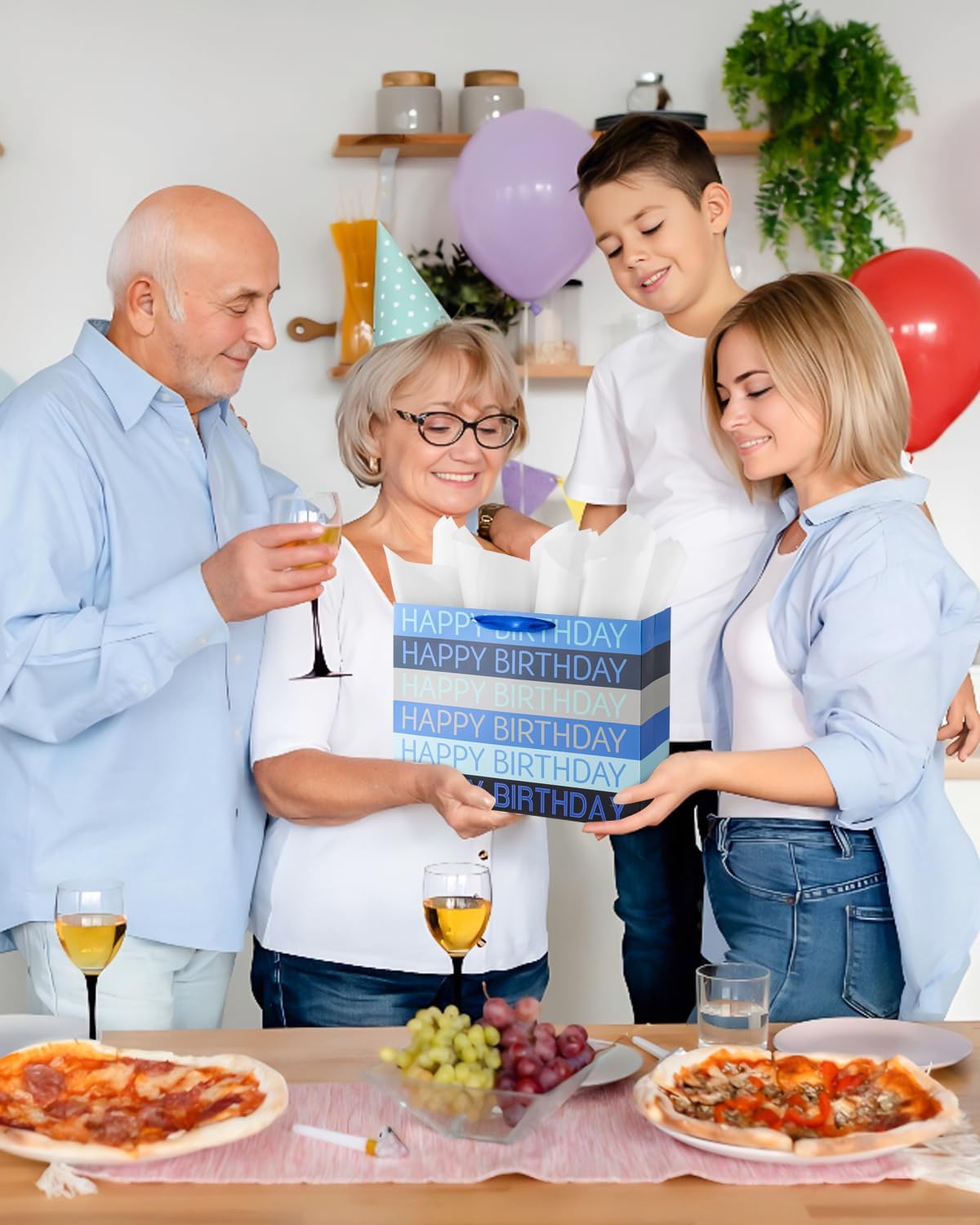 Happy Birthday Gift Bag with Tissue Paper, Card and sticker, 13" Large Gift Bag for Women Men Kids Birthday Party (Blue) - Image 7