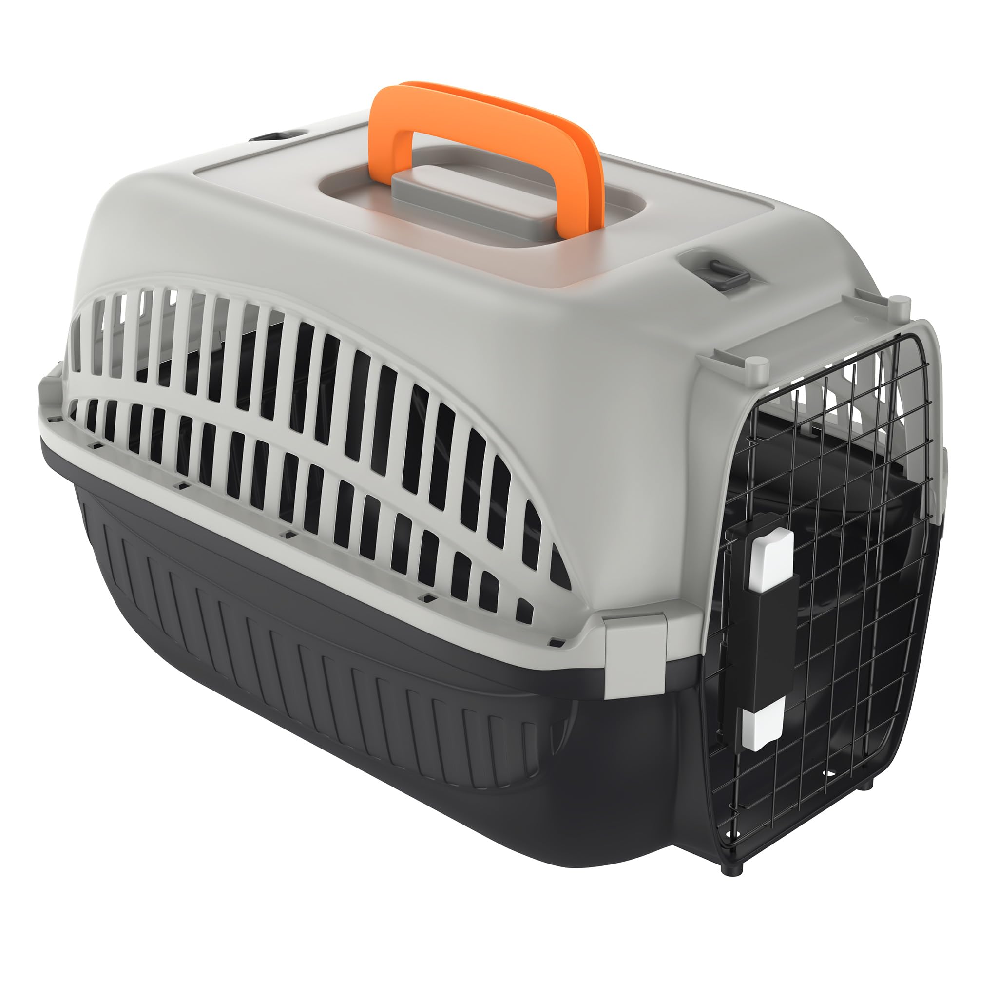 Aufun Hundetransportbox aus Kunststoff mit Metallgitter 48 x 32 x 32cm, Transportbox für kleine Hunde und Katzen, Transport-Box für Tiere mit praktischem Schließsystem & Tragegriff, Grau+Schwarz