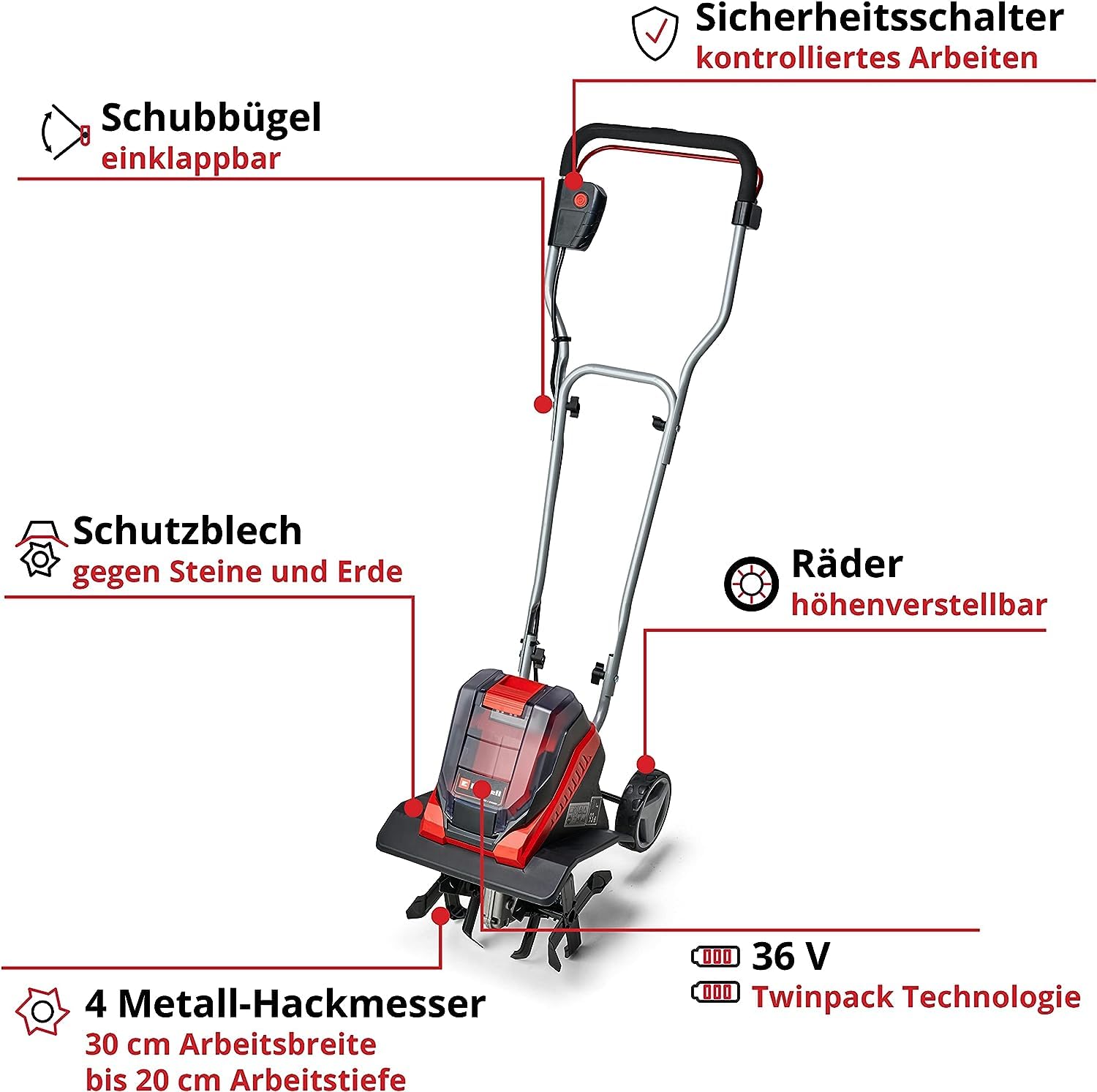 Einhell Akku-Bodenhacke GE-CR 30 Li-Solo Power X-Change (Lithium-Ionen 36V, 2-Punkt-Sicherheitsschalter, klappbarer Führungsholm, Transporträder, ohne Akku und Ladegerät)