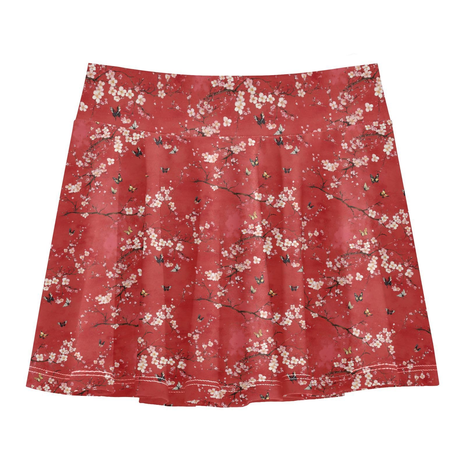 Vintage Floral Girls Skirts with Built-in Shorts Pleated Skirt Kids with Pockets Flowy Skort for Little Girl Red