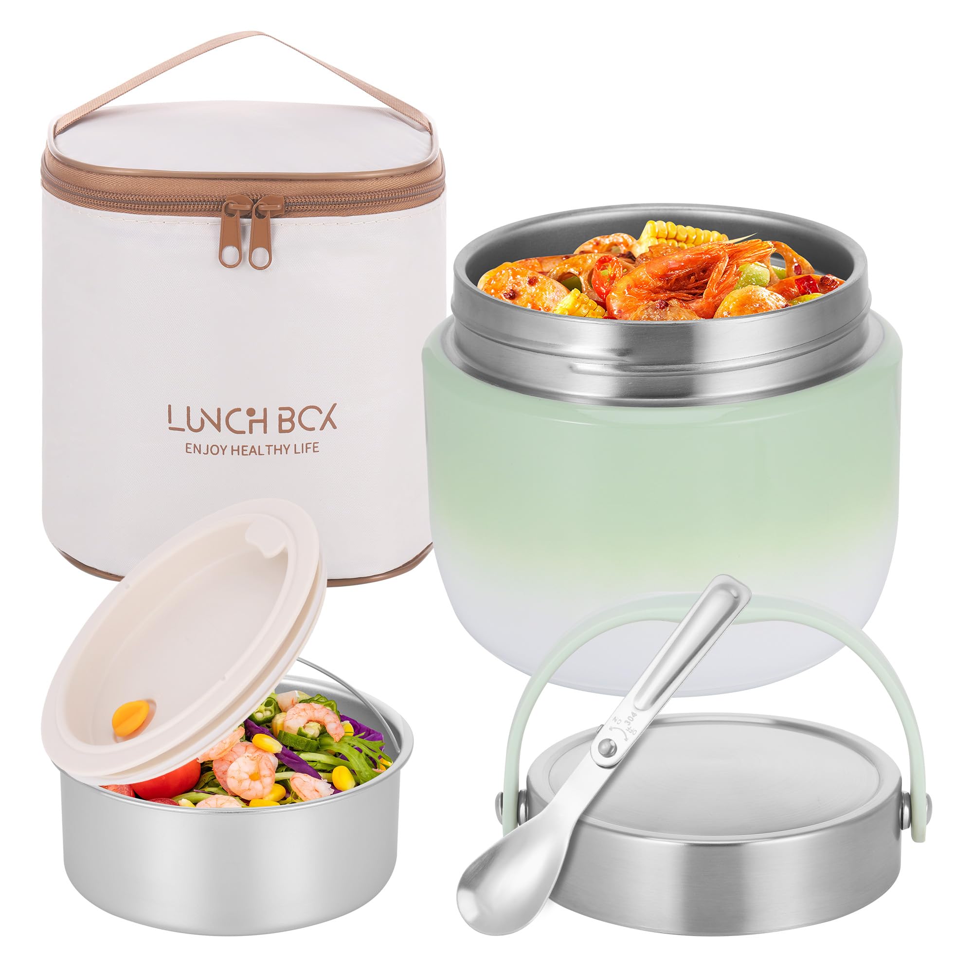NZZVNZ Thermolunchbox 1200 ml, 304 roostvrij staal, opvouwbare lepel, voor levensmiddelen, werk, school, picknick