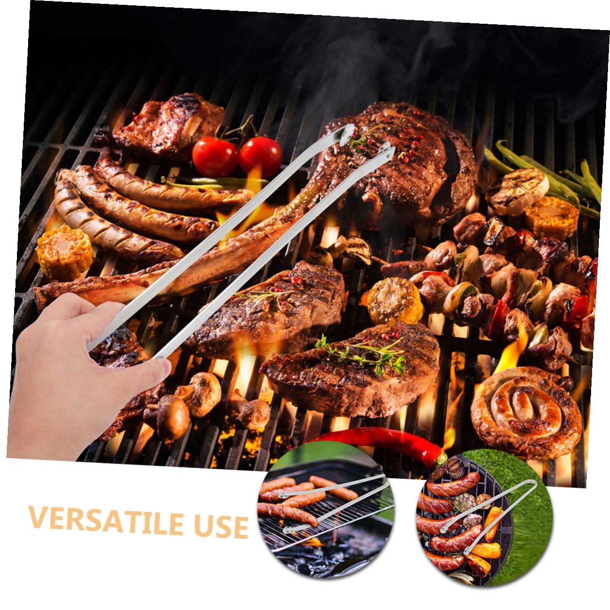 jojofuny Pinze per Barbecue in Acciaio Inox 2 Pezzi Manico e Rotante, Utensili Versatili per Carne e Verdure, per Grigliate All'aperto