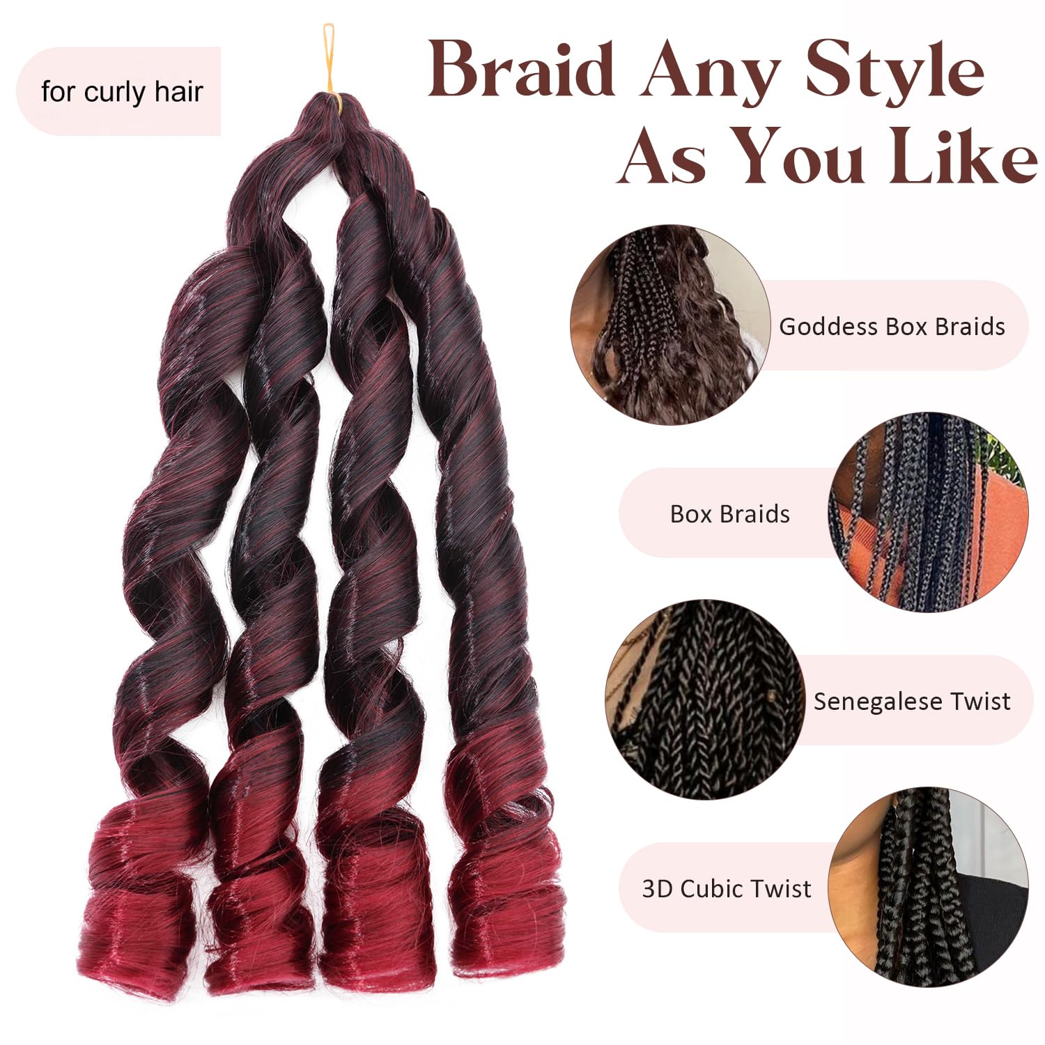 S-noilite French Curl Braiding Hair 24 inch 3 Pack Loose Wavy Spiral Curly Crochet Hair Deep Wave Synthetic Extensions for Braiding Pre Stretched Bouncy Braiding Hair - Image 3
